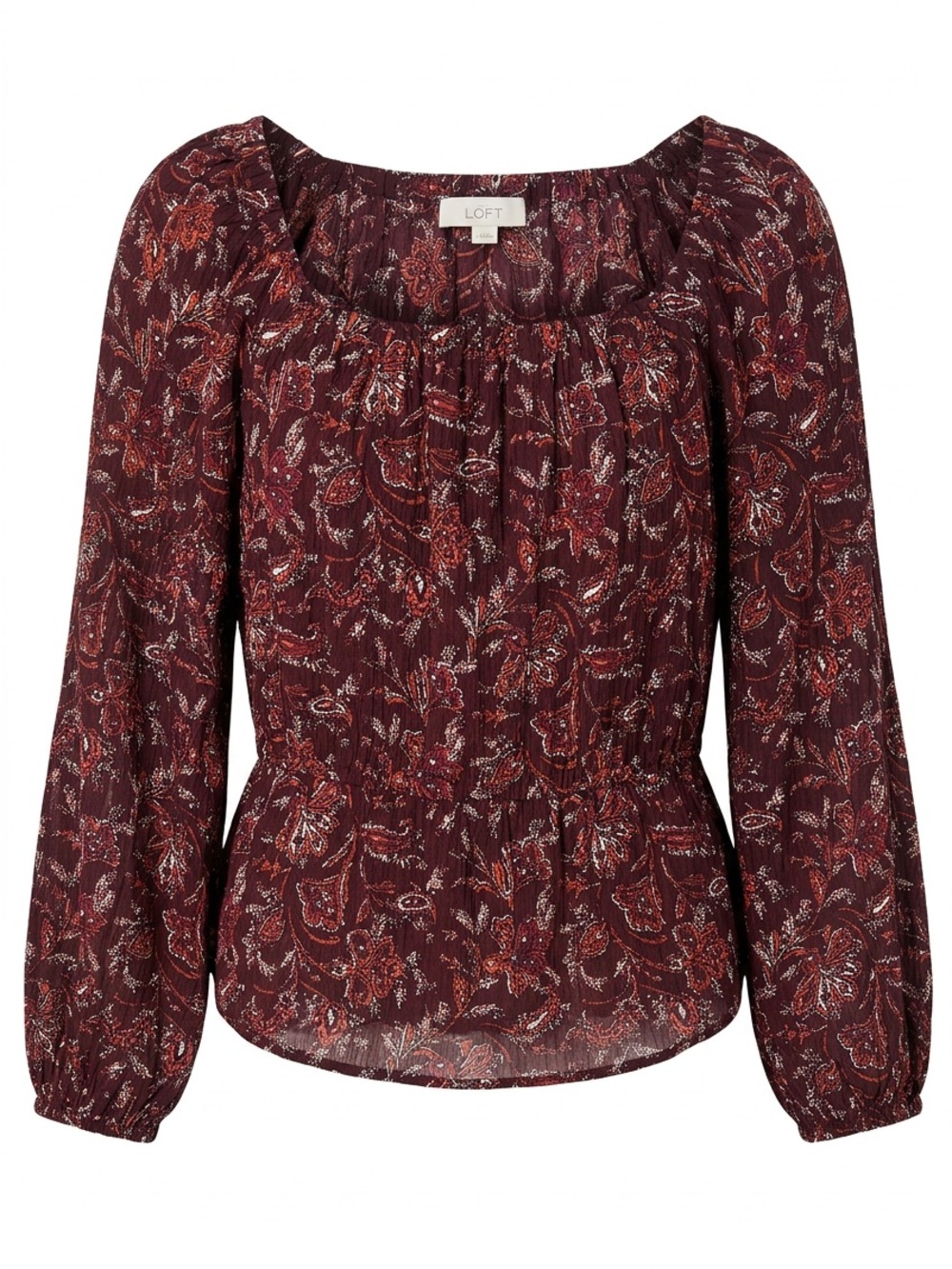 LOFT Burgundy Paisley Peasant Top with Shirred Waist